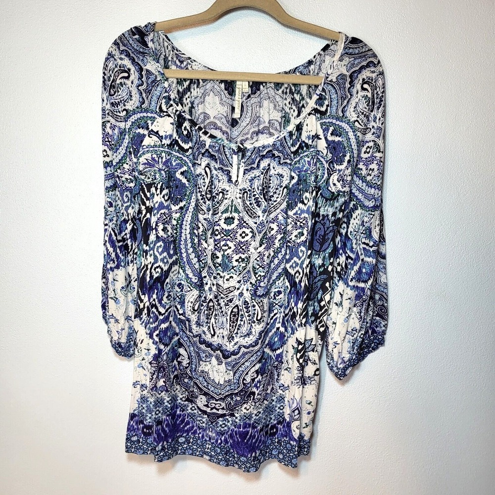 Grand & Greene Blue White Rayon Blouse Keyhole Chest 3/4 Sleeve Scoop Neck LRG